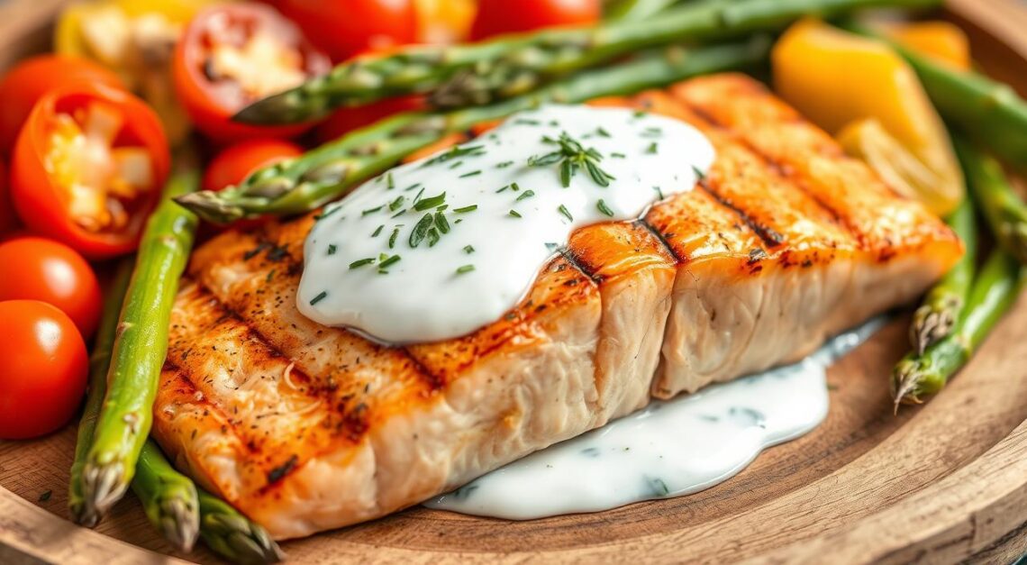 Salmão Grelhado ao Molho de Iogurte e Ervas, Aspargos e Batata Doce