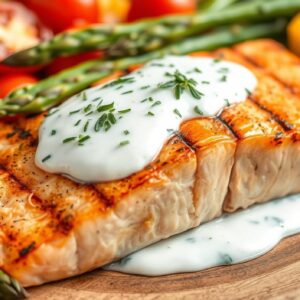 Salmão Grelhado ao Molho de Iogurte e Ervas, Aspargos e Batata Doce