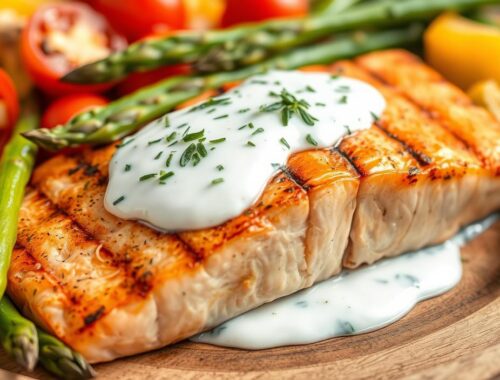 Salmão Grelhado ao Molho de Iogurte e Ervas, Aspargos e Batata Doce
