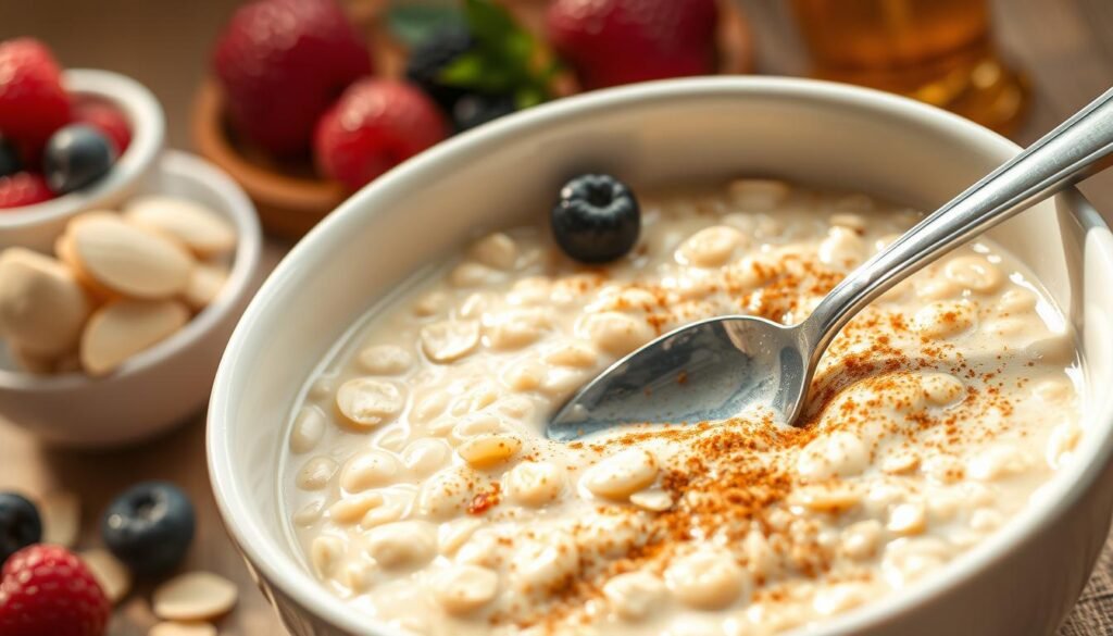Uma tigela com mingau de aveia espesso, decorada com rodelas de banana, sementes de chia e uma pitada de canela em pó por cima.