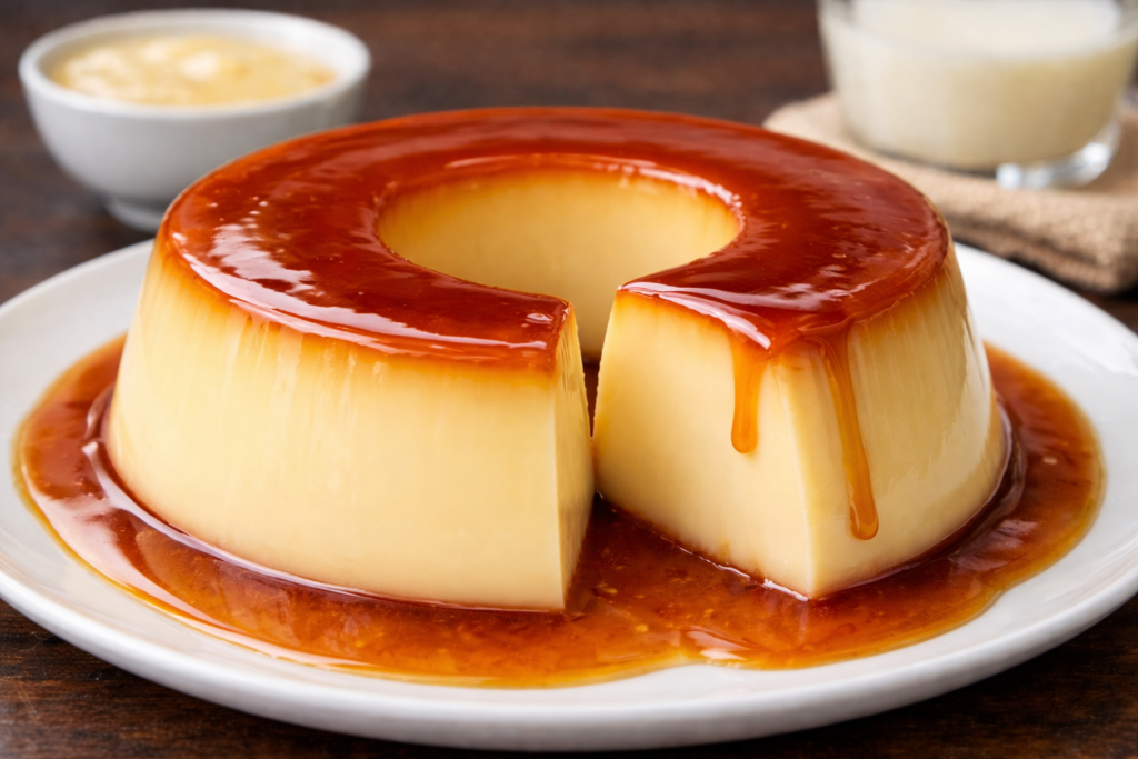 Pudim de leite condensado perfeito, cremoso e sem furinhos, com calda caramelizada brilhante.