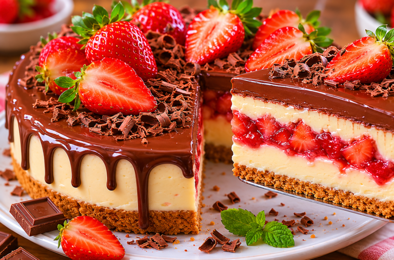Torta gelada de morango com chocolate cremosa servida gelada, com base crocante, recheio branco, camada de morangos frescos e cobertura de ganache de chocolate.