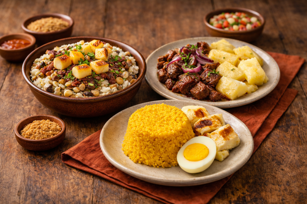 Comidas Nordestinas Famosas: Baião de Dois, a força da Carne de Sol com Macaxeira e a versatilidade do Cuscuz.