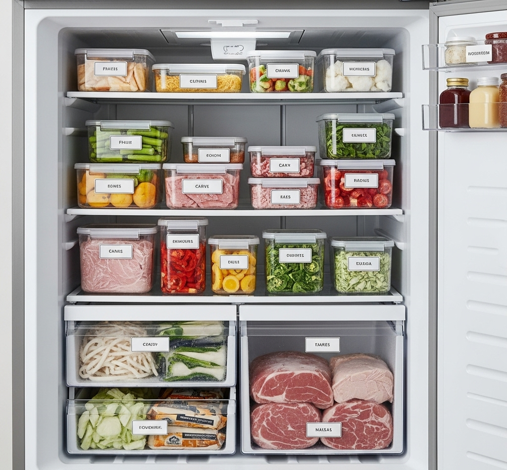 Freezer de geladeira organizado com potes