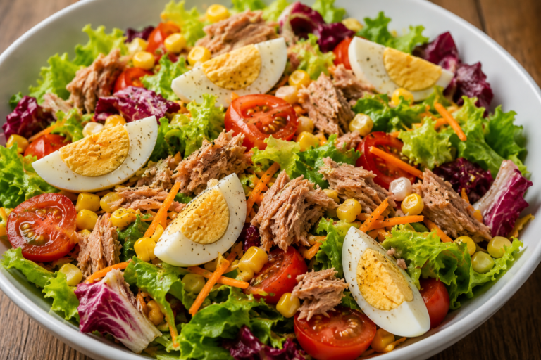 Salada colorida com ovo cozido, atum, tomate, milho e folhas verdes servida em tigela branca.