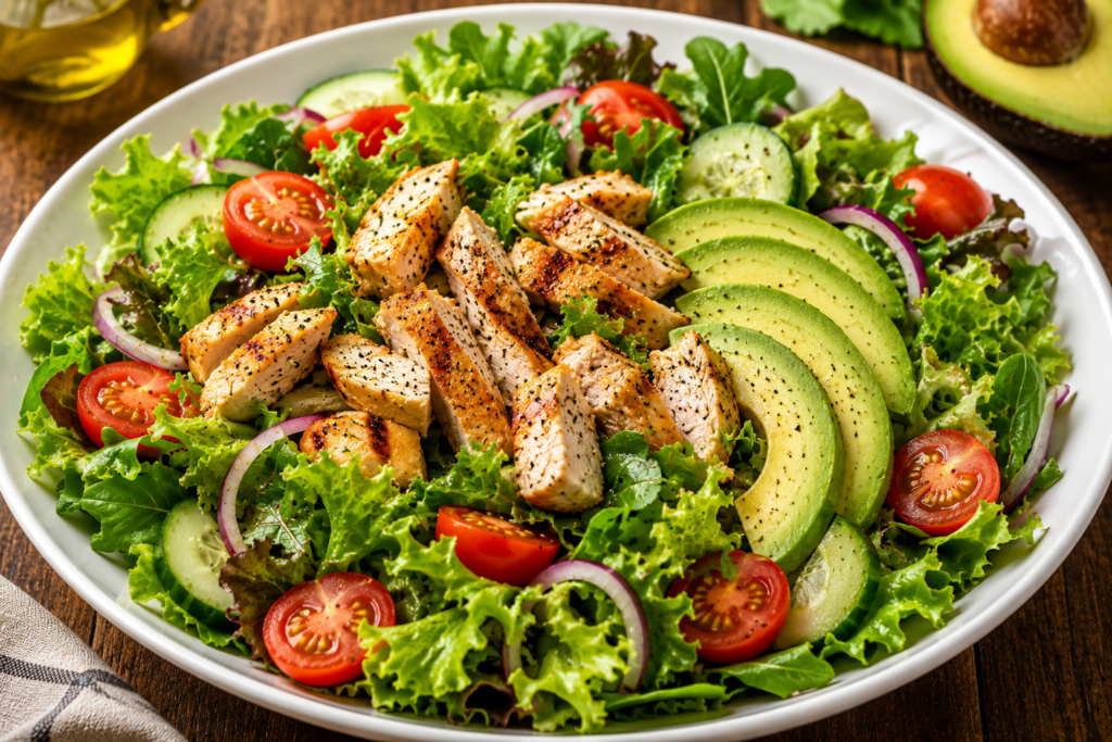 Salada verde com frango grelhado, abacate, tomate e folhas frescas servida em prato branco.