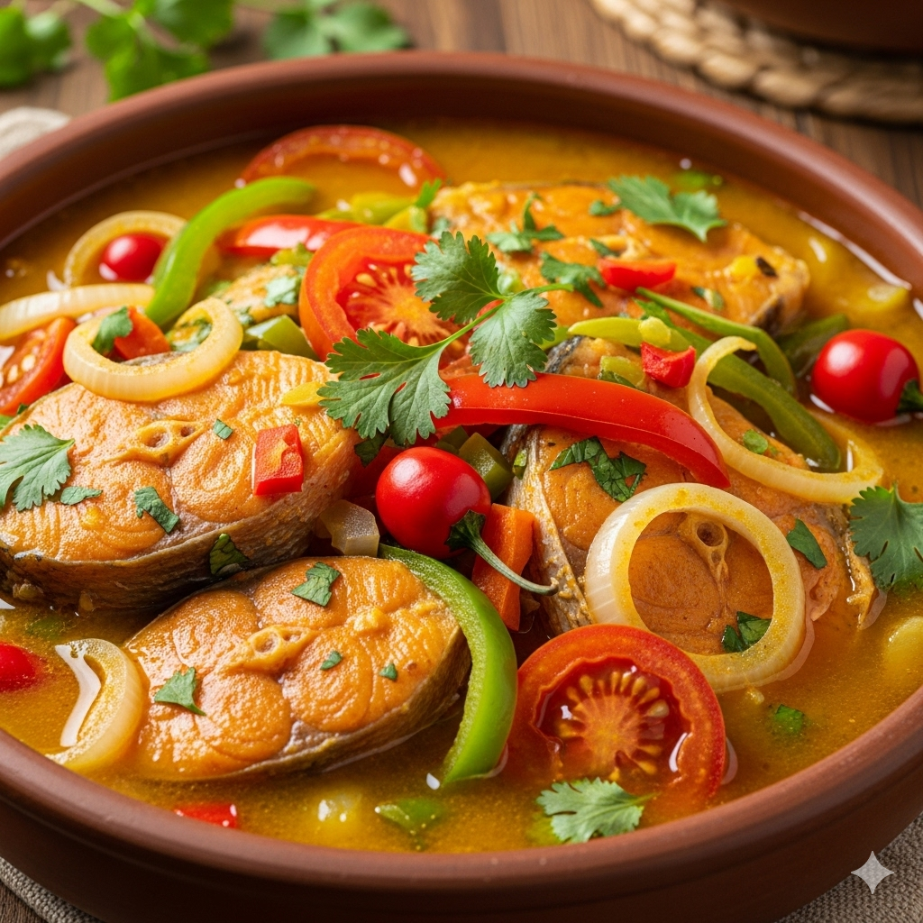Postas de tambaqui cozidas em uma panela grande, com pimentão, tomate e caldo avermelhado, prontas para serem servidas com pirão.