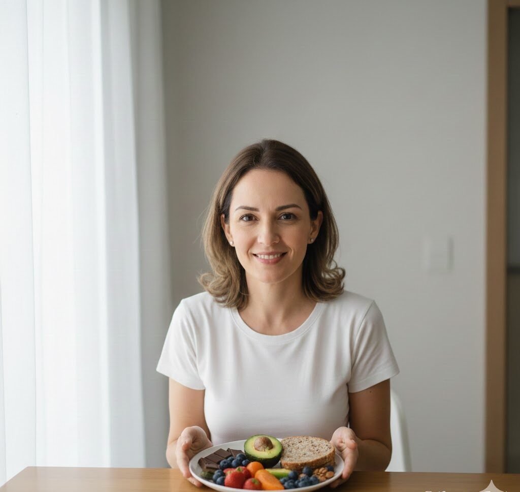Mulher sorridente fazendo uma refeição equilibrada e consciente, representando a alimentação intuitiva.