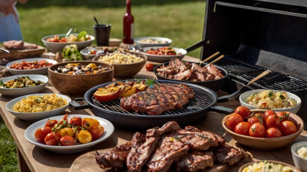 Mesa de churrasco com travessas de farofa crocante e cremosa, salada de batata, e carne fatiada, reforçando o equilíbrio da refeição.