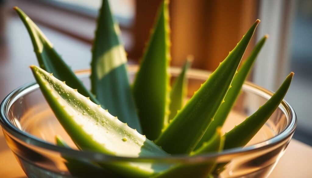 A close-up view of several aloe vera leaves in a shallow glass dish, illuminated by warm natural lighting from a window. The leaves have visible ridges and textured surfaces, hinting at the potential risks and dangers of consuming the plant. The background is slightly blurred, creating a sense of focus on the aloe vera itself. The overall tone is muted and contemplative, conveying the importance of understanding the cautionary aspects of this otherwise beneficial plant. suco de babosa