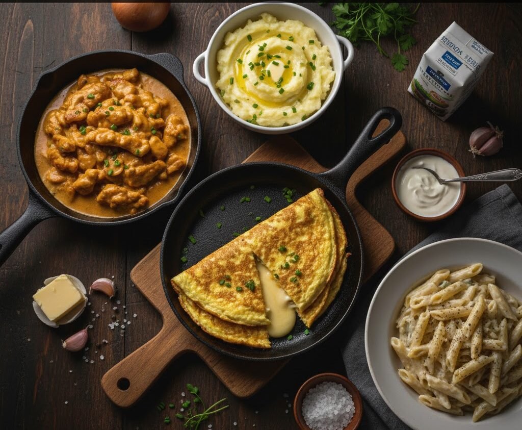 Mesa com três pratos: frango cremoso, macarrão de panela e omelete simples. Pratos rápidos e econômicos feitos com poucos ingredientes