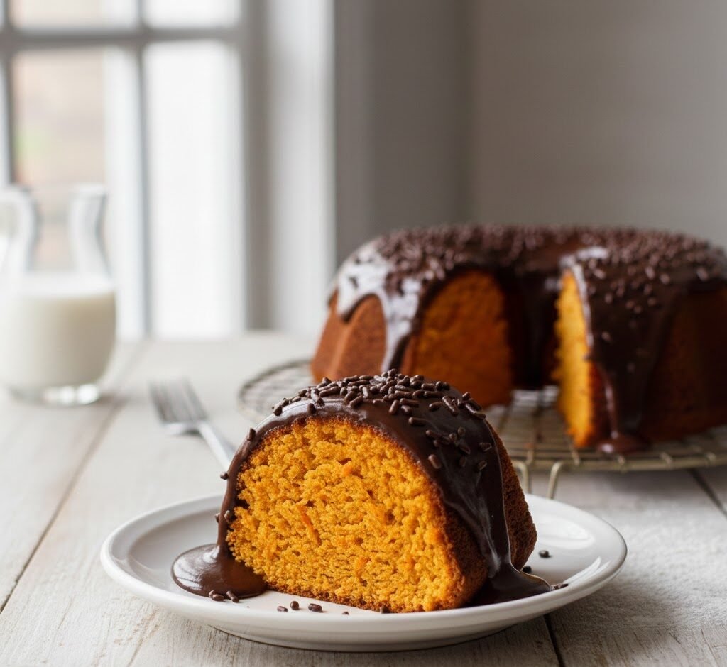 Fatia de bolo de cenoura com cobertura de chocolate escorrendo, mostrando a massa úmida e aveludada, ideal para sobremesa