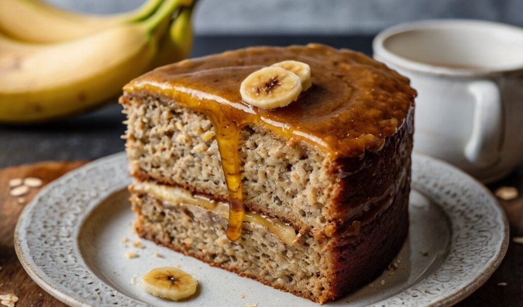 Fatia de bolo de banana fit feito com farinha de aveia, exibindo interior úmido e as rodelas de banana caramelizadas por cima.