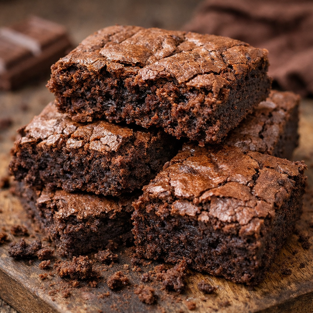 Brownie de chocolate caseiro cortado em quadrados com textura úmida e cremosa em cima de uma tábua de madeira.