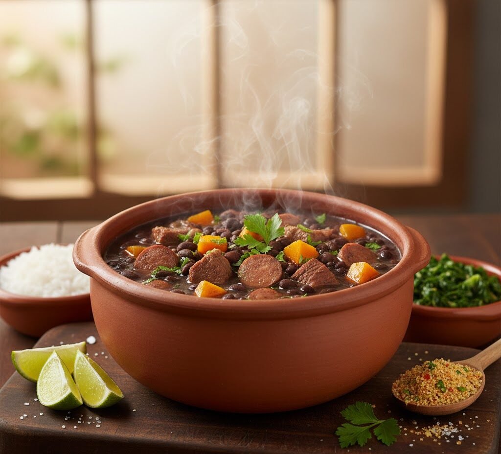 Feijoada light caseira, rica em caldo e carnes magras, acompanhada de couve e fatias de laranja em uma travessa rústica.