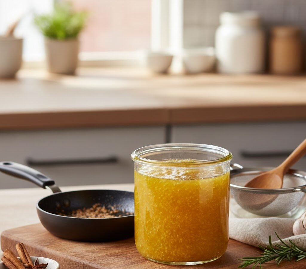 Pote de vidro contendo Ghee dourado e solidificado, mostrando a textura pura e sem resíduos, pronto para uso na culinária.
