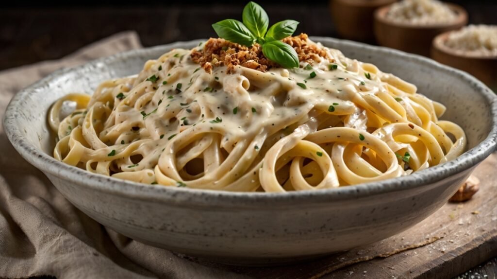 Prato de macarrão com molho branco cremoso com pedacinhos de alho e um toque de noz-moscada, ideal para um almoço ou jantar rápido.