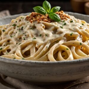 Prato de macarrão com molho branco cremoso com pedacinhos de alho e um toque de noz-moscada, ideal para um almoço ou jantar rápido.