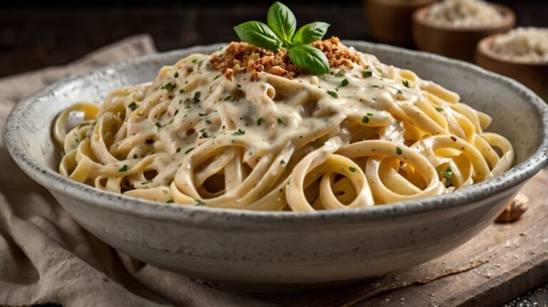 Prato de macarrão com molho branco cremoso com pedacinhos de alho e um toque de noz-moscada, ideal para um almoço ou jantar rápido.