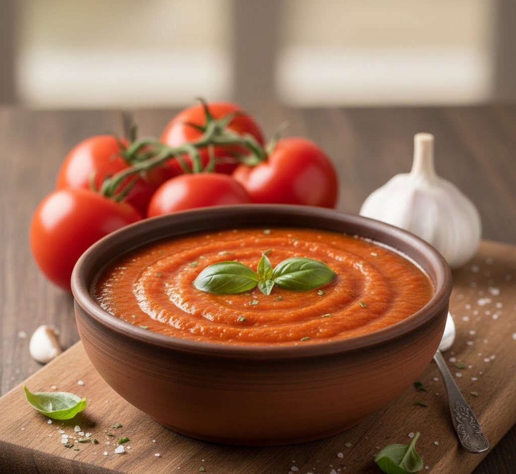 Panela funda de molho de tomate caseiro, vermelho e espesso, com folhas de manjericão fresco por cima, cozinhando lentamente no fogão.