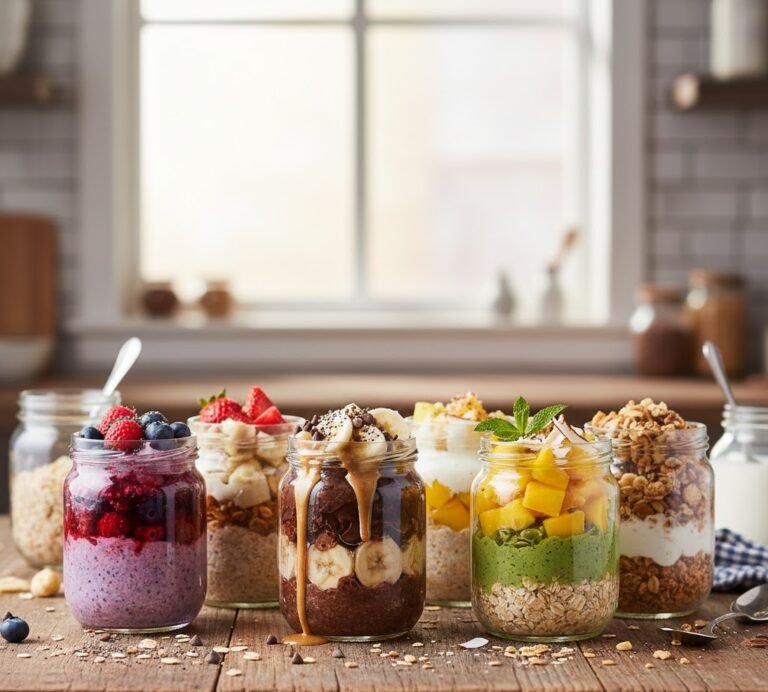 Overnight Oats (aveia adormecida) em potes de vidro com camadas de aveia, iogurte, chia e frutas frescas, como morangos e mirtilos.