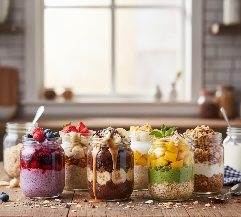 Overnight Oats (aveia adormecida) em potes de vidro com camadas de aveia, iogurte, chia e frutas frescas, como morangos e mirtilos.