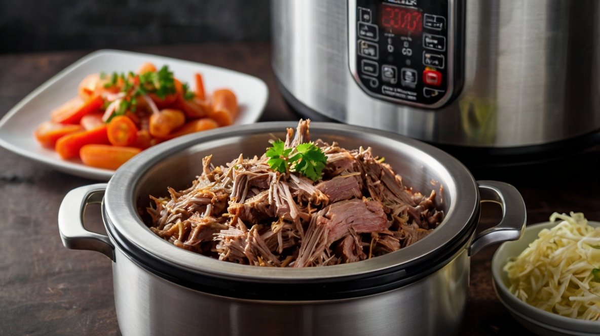 Panela de pressão elétrica com um prato de carne de panela desfiada, mostrando a eficiência do aparelho.