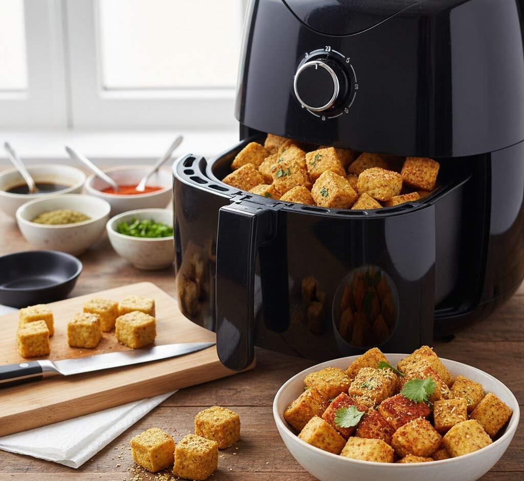 Cubos de tofu crocante na airfryer, dourados, temperados com páprica defumada e ervas, servidos em uma tigela de acompanhamentos saudáveis.