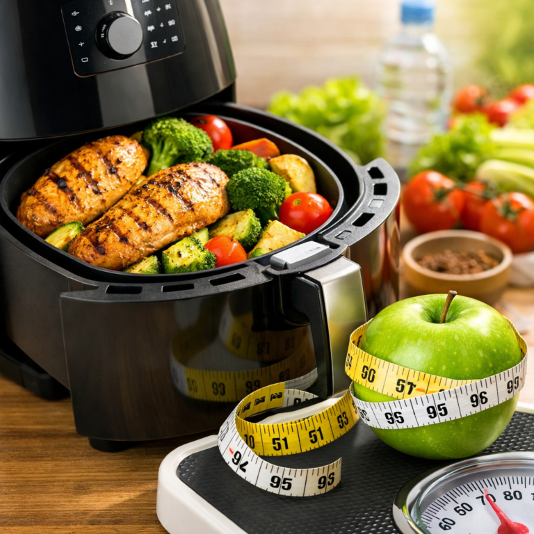Preparo de refeição saudável na Airfryer com frango e vegetais, associado ao controle de peso e alimentação equilibrada.