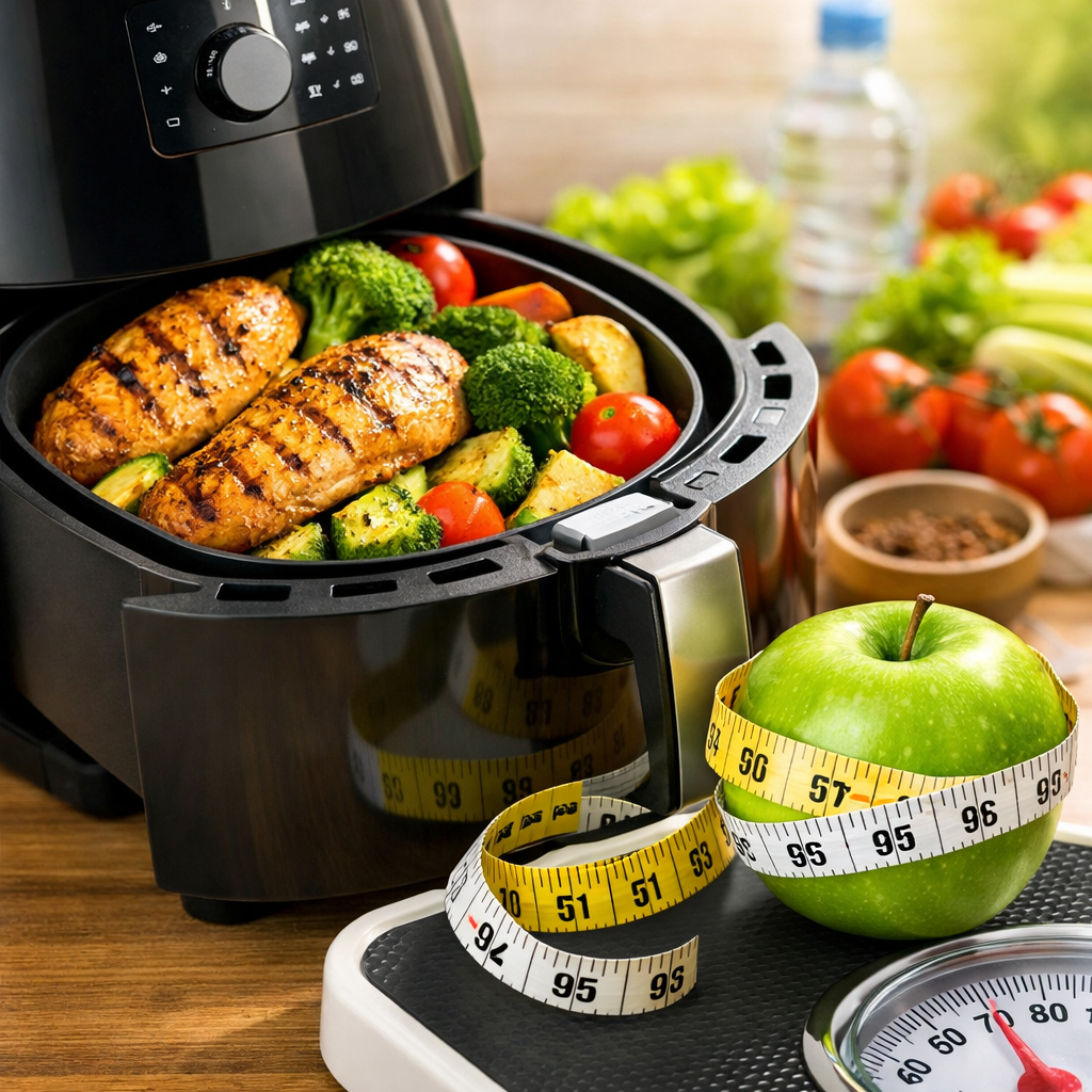 Airfryer com preparo de refeição saudável, representando alimentação equilibrada e emagrecimento com menos gordura.