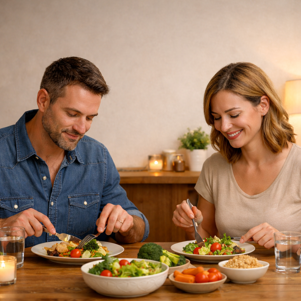 Casal jantando uma refeição saudável à noite, com alimentos leves e equilibrados para não engordar.