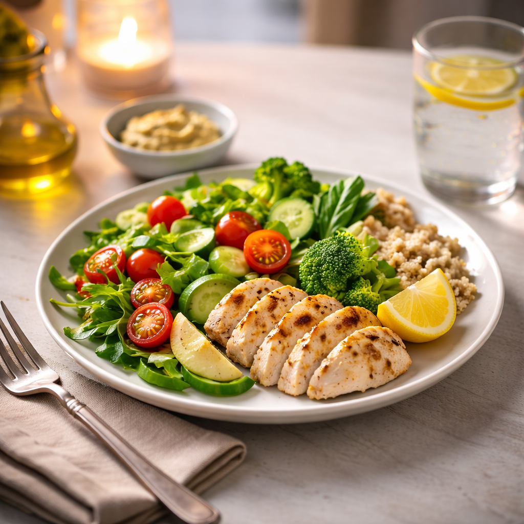 Prato de jantar leve com frango grelhado, vegetais frescos e quinoa, ideal para uma refeição saudável à noite e emagrecimento.