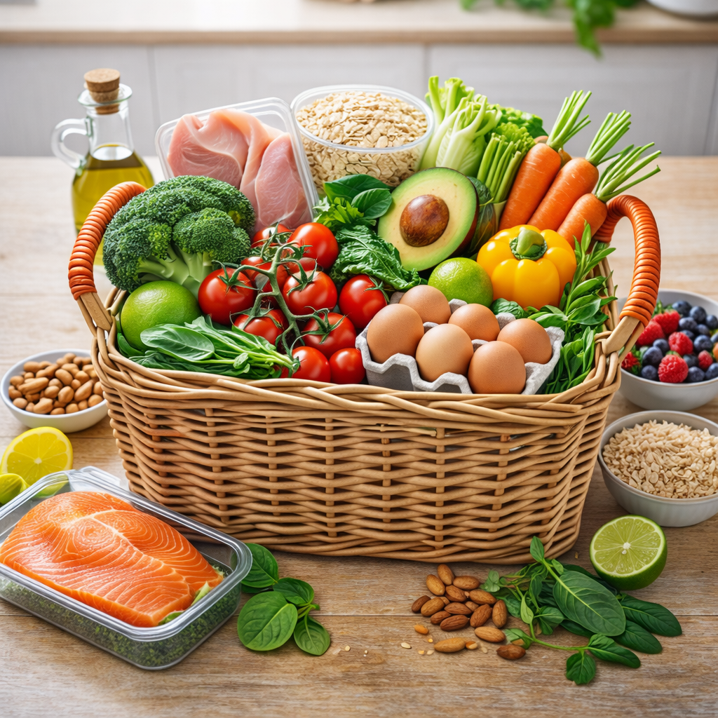 Cesta com alimentos saudáveis incluindo vegetais frescos, ovos, peixe e grãos integrais, ideal para uma lista de compras saudável para emagrecer.
