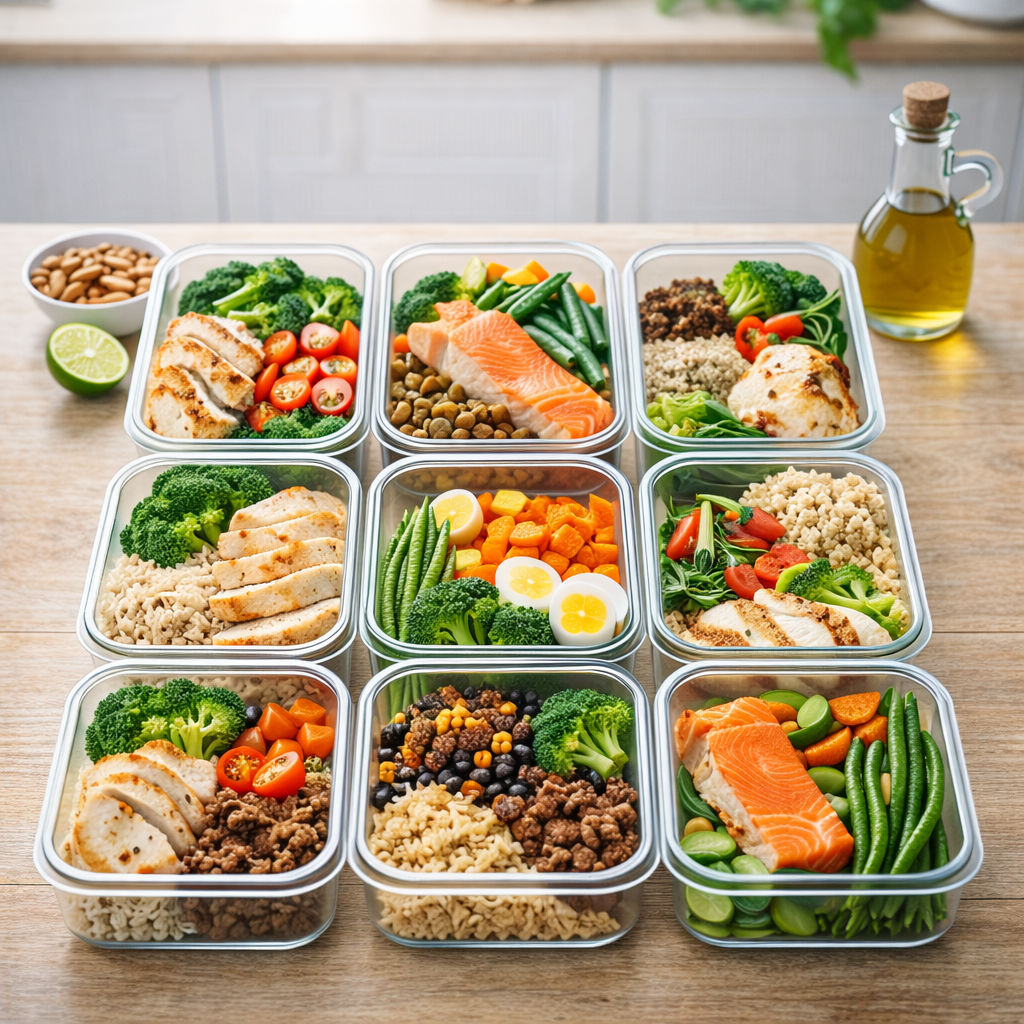 Marmitas fitness organizadas com frango, salmão, vegetais e grãos integrais, ideais para preparar refeições saudáveis durante a semana.