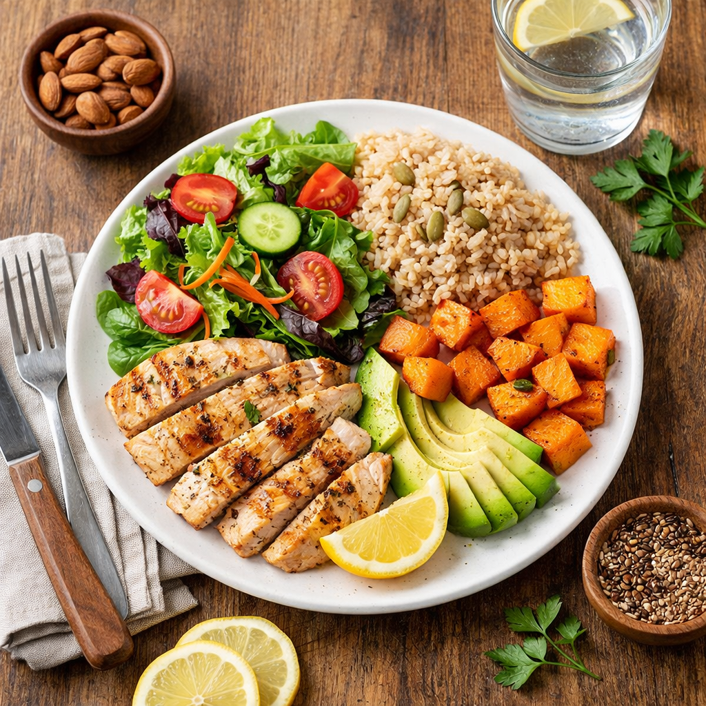 Prato equilibrado com frango grelhado, arroz integral, legumes e salada saudável ideal para emagrecer com saúde