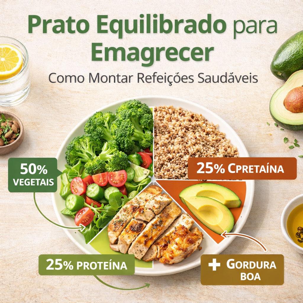 Infográfico mostrando como montar um prato equilibrado para emagrecer com vegetais, proteína, carboidratos e gordura saudável