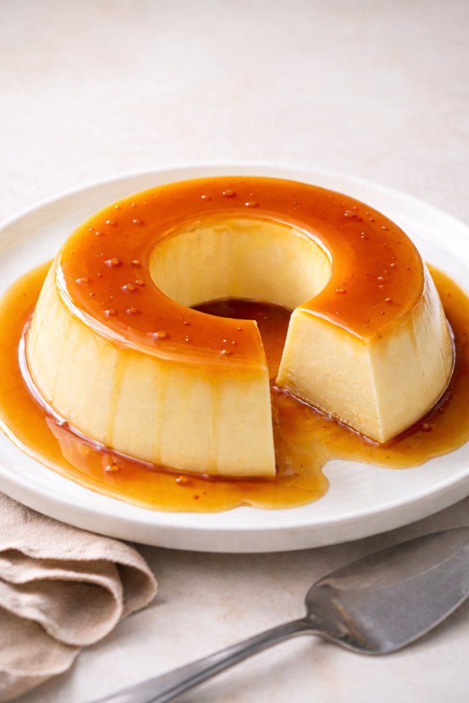 Pudim de leite condensado redondo com furo no meio, desenformado em um prato branco com calda de caramelo brilhante escorrendo. Ao fundo, ingredientes como leite condensado, creme de leite e um liquidificador azul em uma cozinha iluminada.