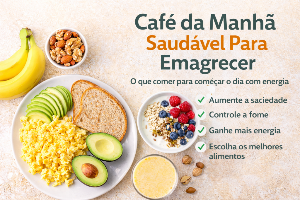 Café da manhã saudável para emagrecer com ovos, abacate, frutas, iogurte e aveia em uma refeição equilibrada e nutritiva.