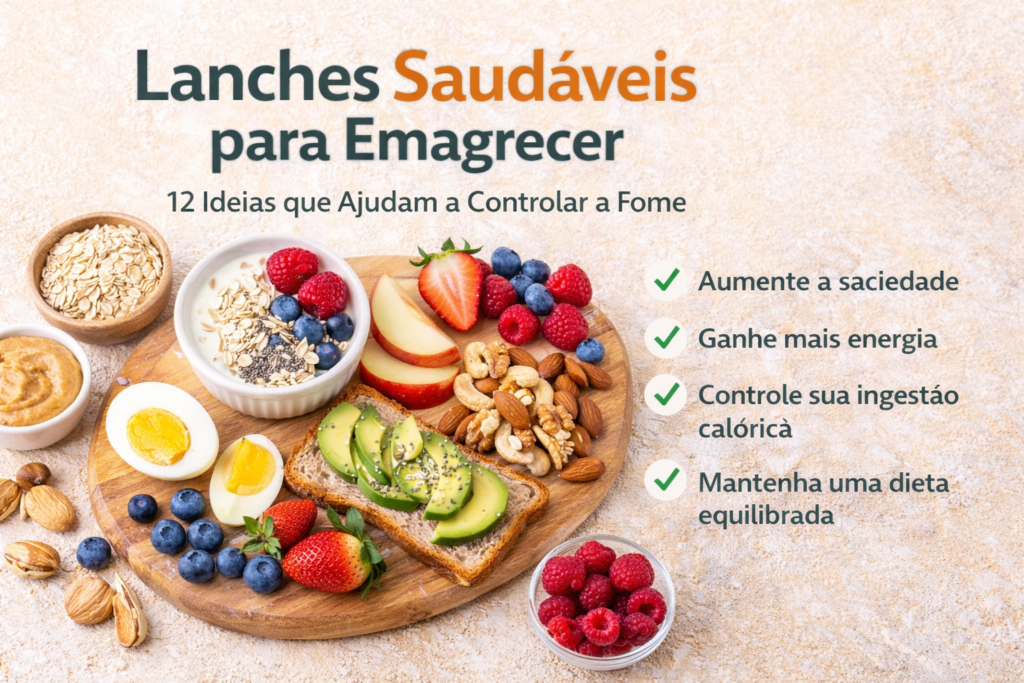 Lanches saudáveis para emagrecer com frutas, iogurte natural, aveia, ovos e castanhas em uma tábua de madeira.