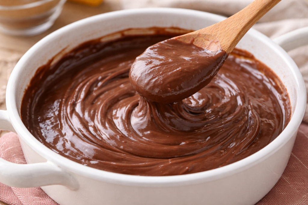 Brigadeiro de panela cremoso sendo mexido com colher de madeira em panela branca, com textura brilhante e consistente