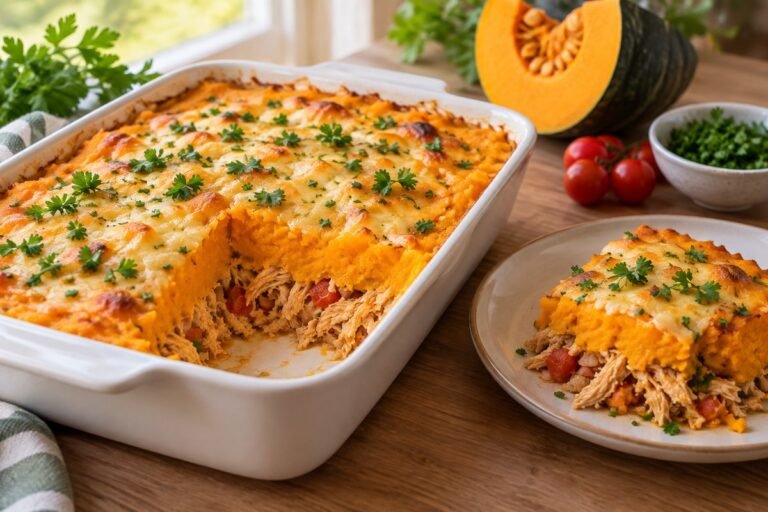 Escondidinho de abóbora com frango desfiado em refratário branco, com uma porção servida no prato ao lado