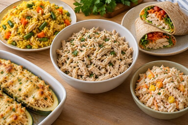 Pratos feitos com frango desfiado: tigela de frango desfiado, arroz com legumes, wrap integral, abobrinha recheada gratinada e salpicão