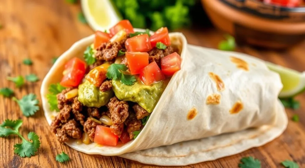 Burrito mexicano caseiro, com tortilha de trigo macia, recheio de carne moída, feijão, milho, alface e queijo, servido em um prato de madeira.