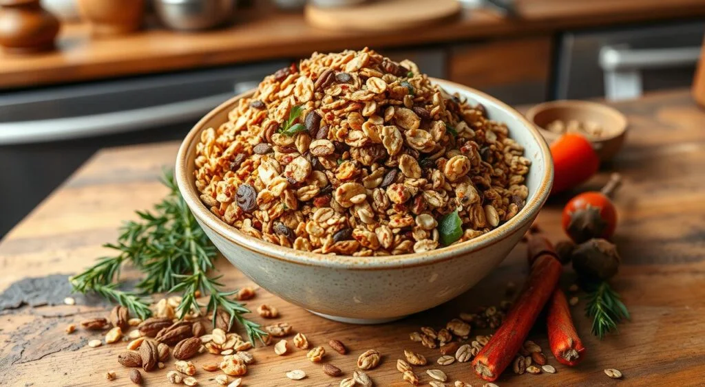 Granola salgada dourada em uma assadeira, mostrando uma mistura de aveia, sementes de abóbora verdes e sementes de girassol, salpicada com ervas secas.