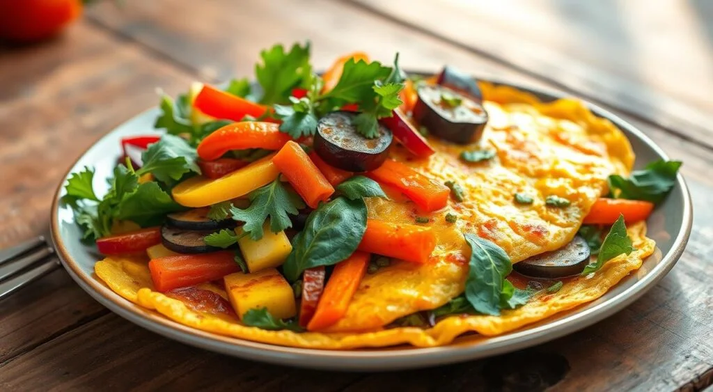 Um omelete dobrado ao meio em um prato branco, revelando um interior suculento com pedaços coloridos de pimentão vermelho, abobrinha e ervas verdes frescas.
