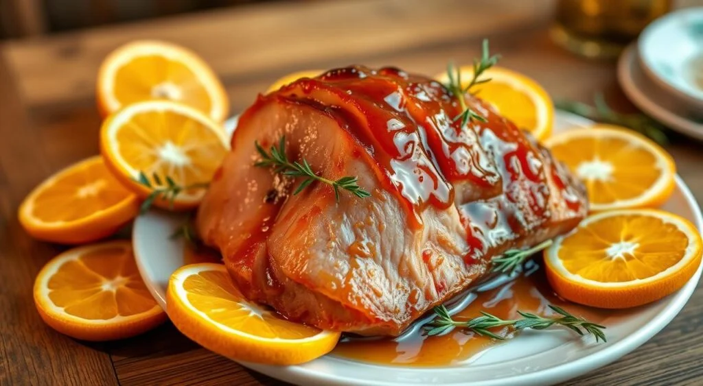 Tender bolinha fatiado e assado, com casca dourada e brilhante de molho agridoce, decorado com rodelas de laranja.