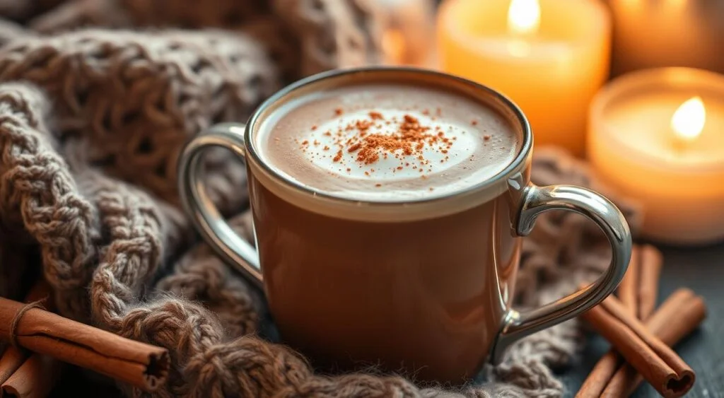Caneca com chocolate quente espesso, polvilhado com canela em pó e um pau de canela ao lado