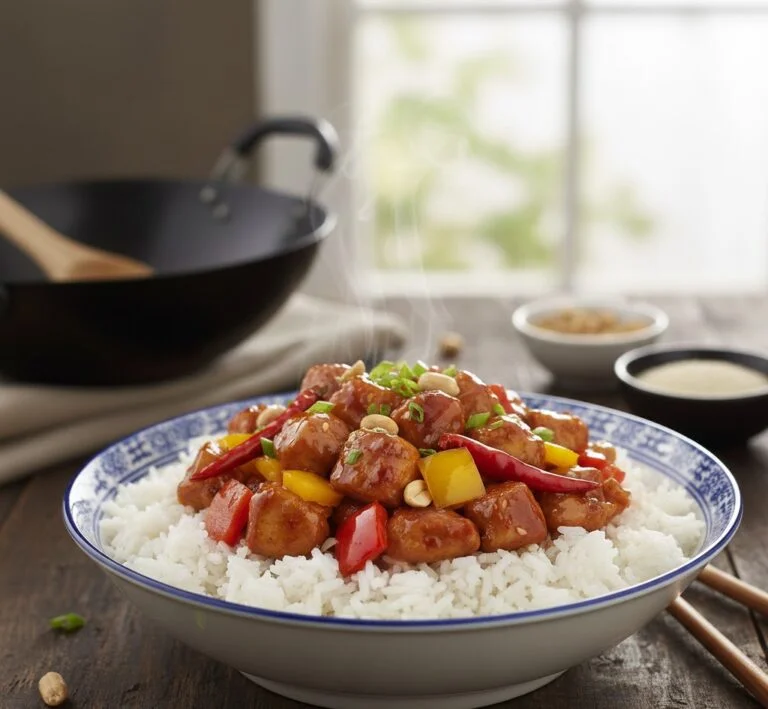 Prato de Frango Xadrez (Kung Pao Chicken) com frango, pimentões coloridos e amendoim, exibindo o molho agridoce caramelizado e brilhante.