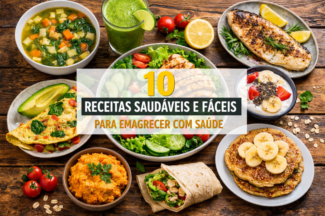 Receitas saudáveis e fáceis para emagrecer com saúde incluindo salada com frango, omelete de legumes, peixe assado e smoothie verde