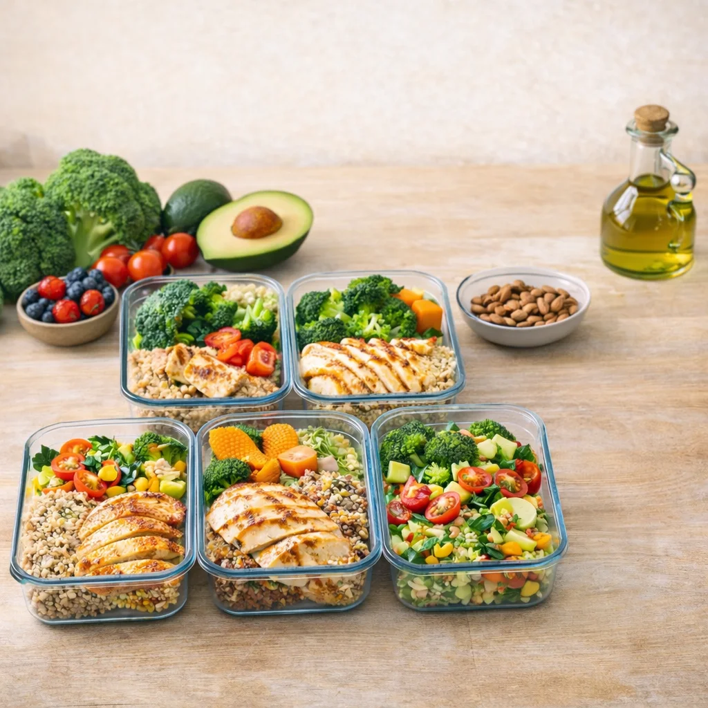 Refeições saudáveis organizadas em marmitas com frango, vegetais e grãos integrais para um cardápio semanal equilibrado